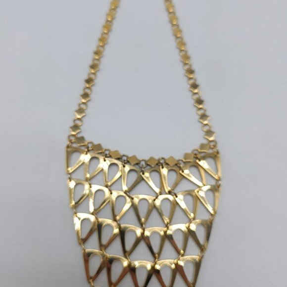 Gold Tone Statement Geometric Bib Necklace With Hexagonal Chain Teardrop Design - Picture 4 of 6